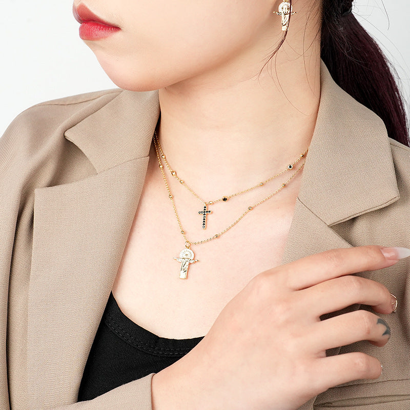 Collar de figura en relieve de doble capa con cruz de cobre al por mayor